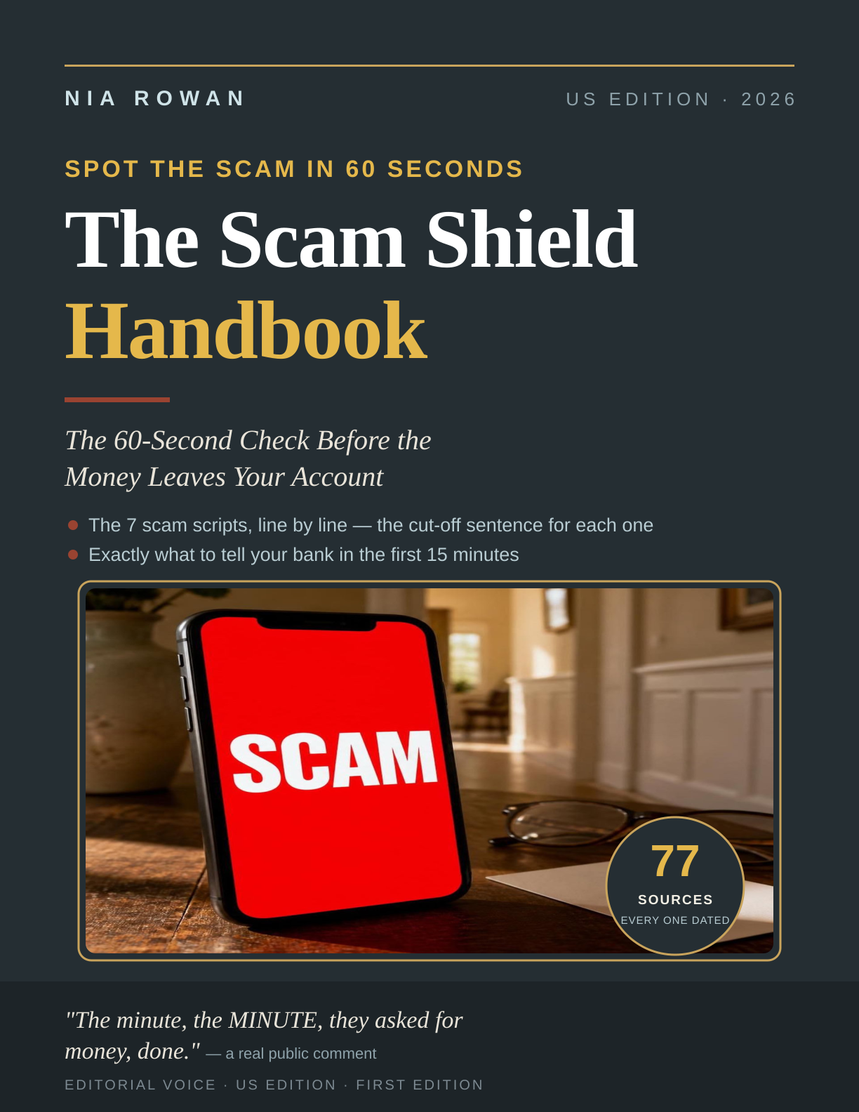 Cover of The Scam Shield Handbook: bold typography, a phone glowing red with the word SCAM, the 77-sources seal, and a real public comment on a deep navy field.